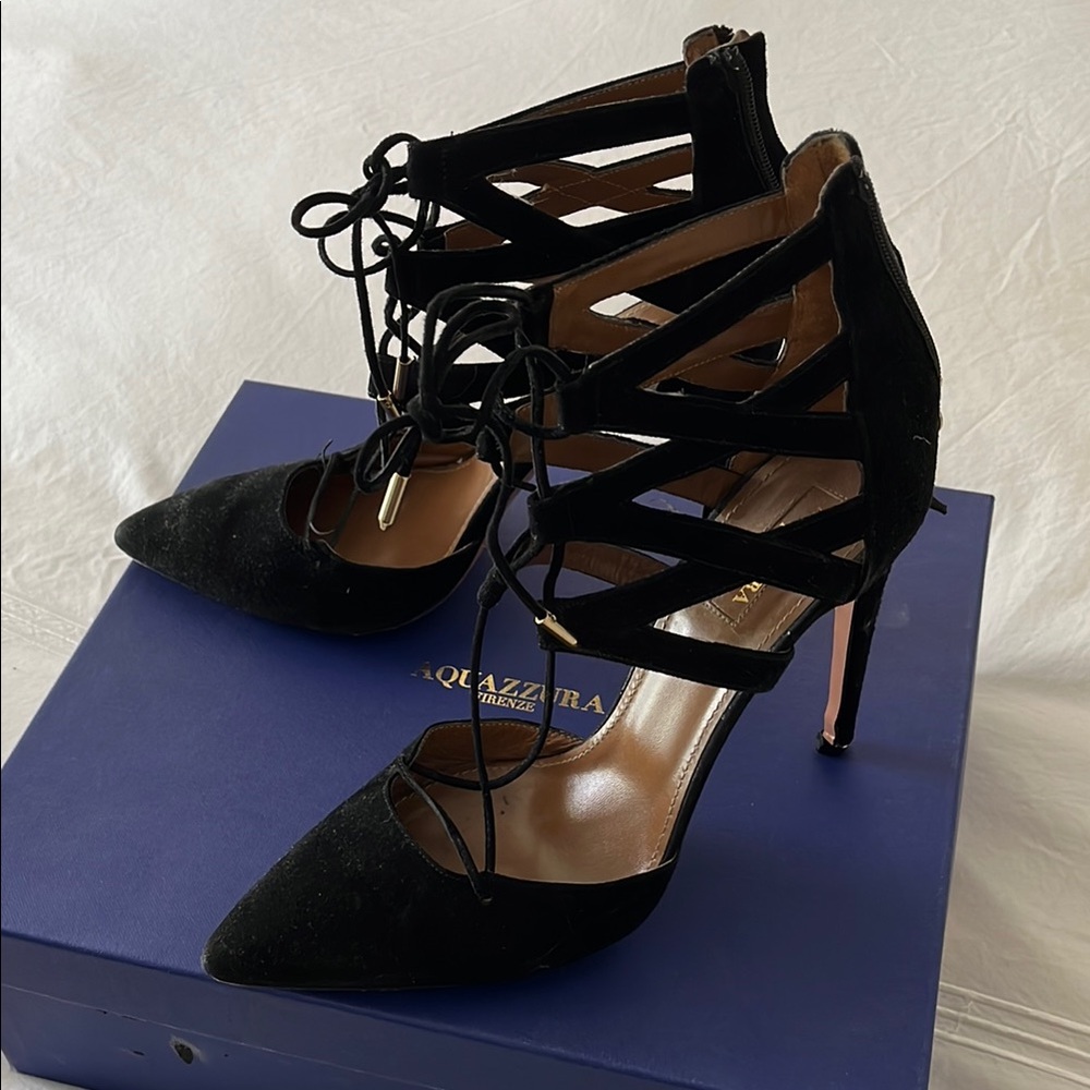 AQUAZZURA Black suede strappy cage sandals/heels.